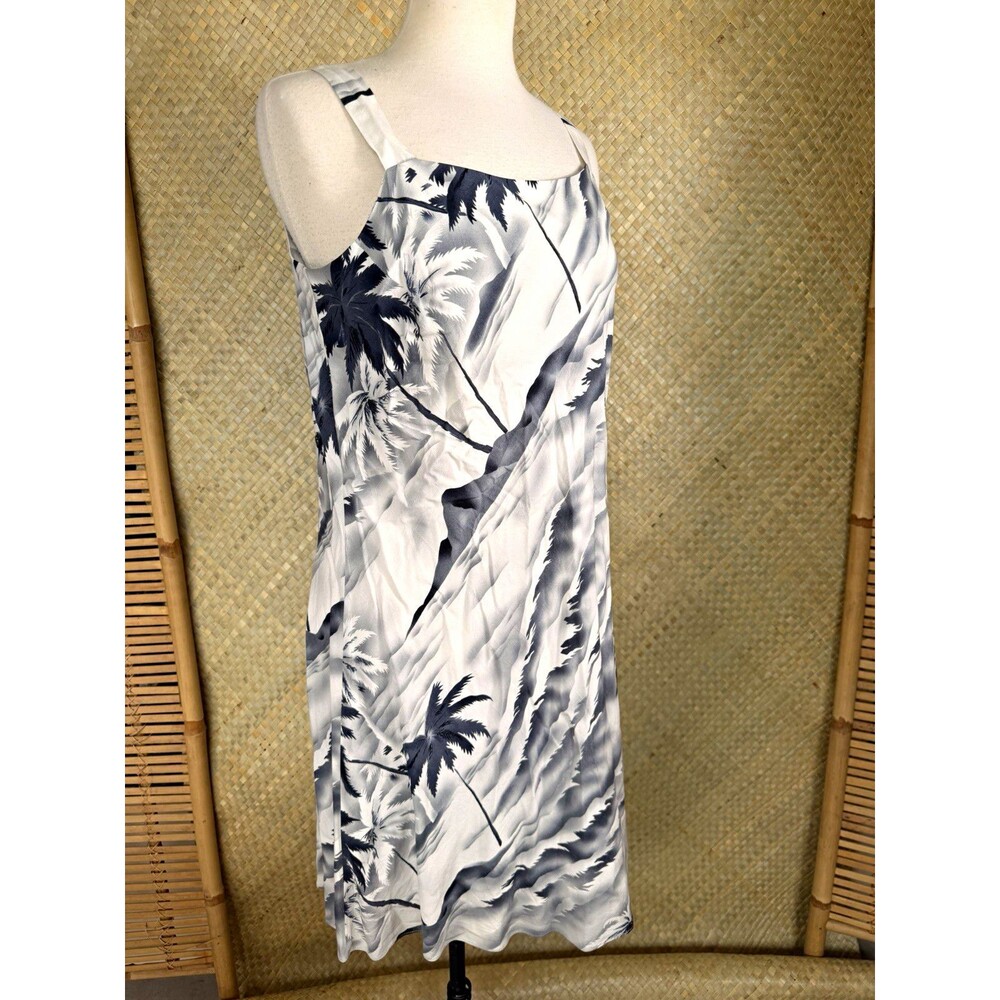 Tori Richard Bias Cut Sundress L Grey White Black Palm Tree Tropical Print